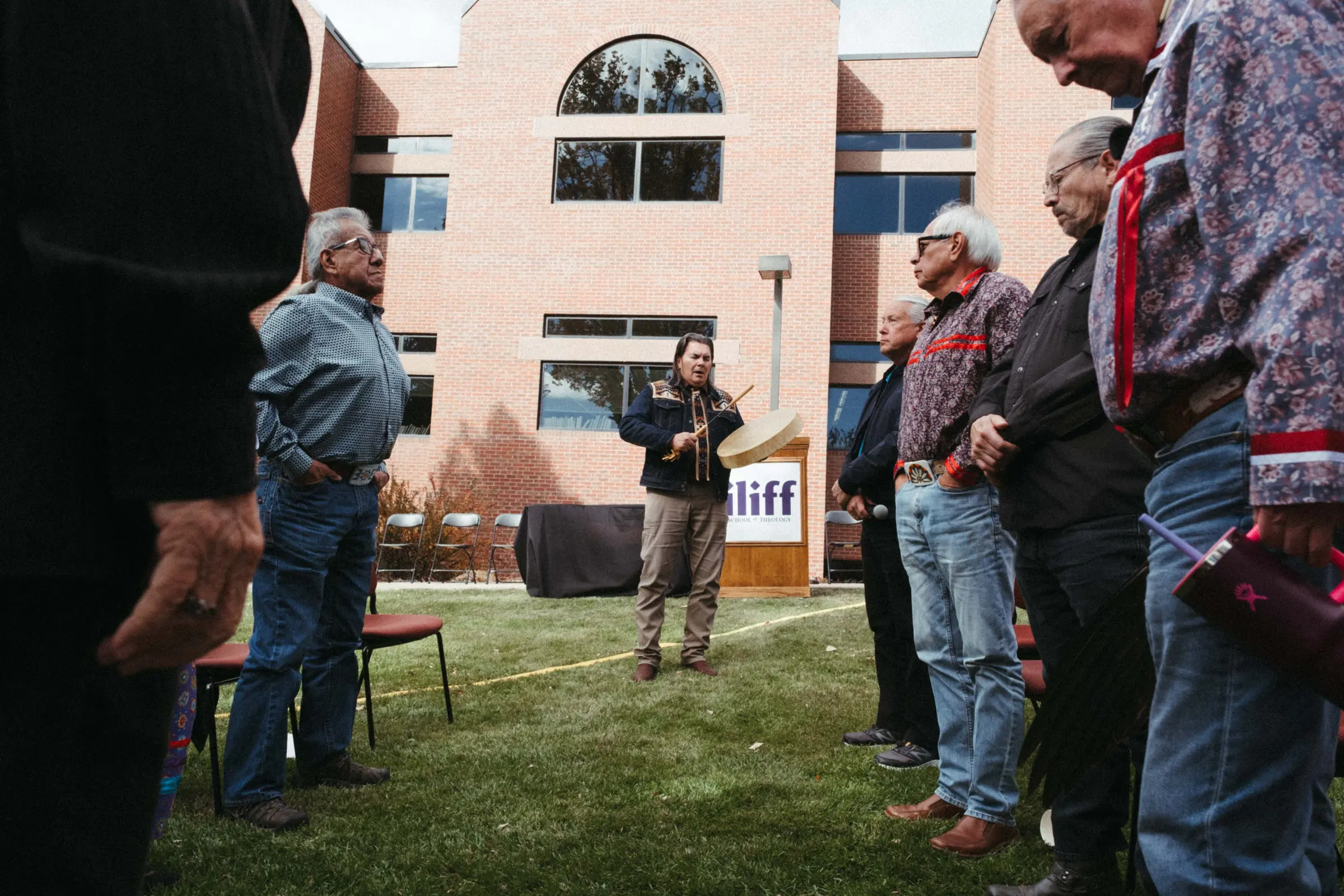 Curtis Zunigha, Lenape elder and historian, performs a Lenape song at a ground blessing ceremony at the Iliff School of Theology. Photo: Peter Vo, Rocky Mountain PBS