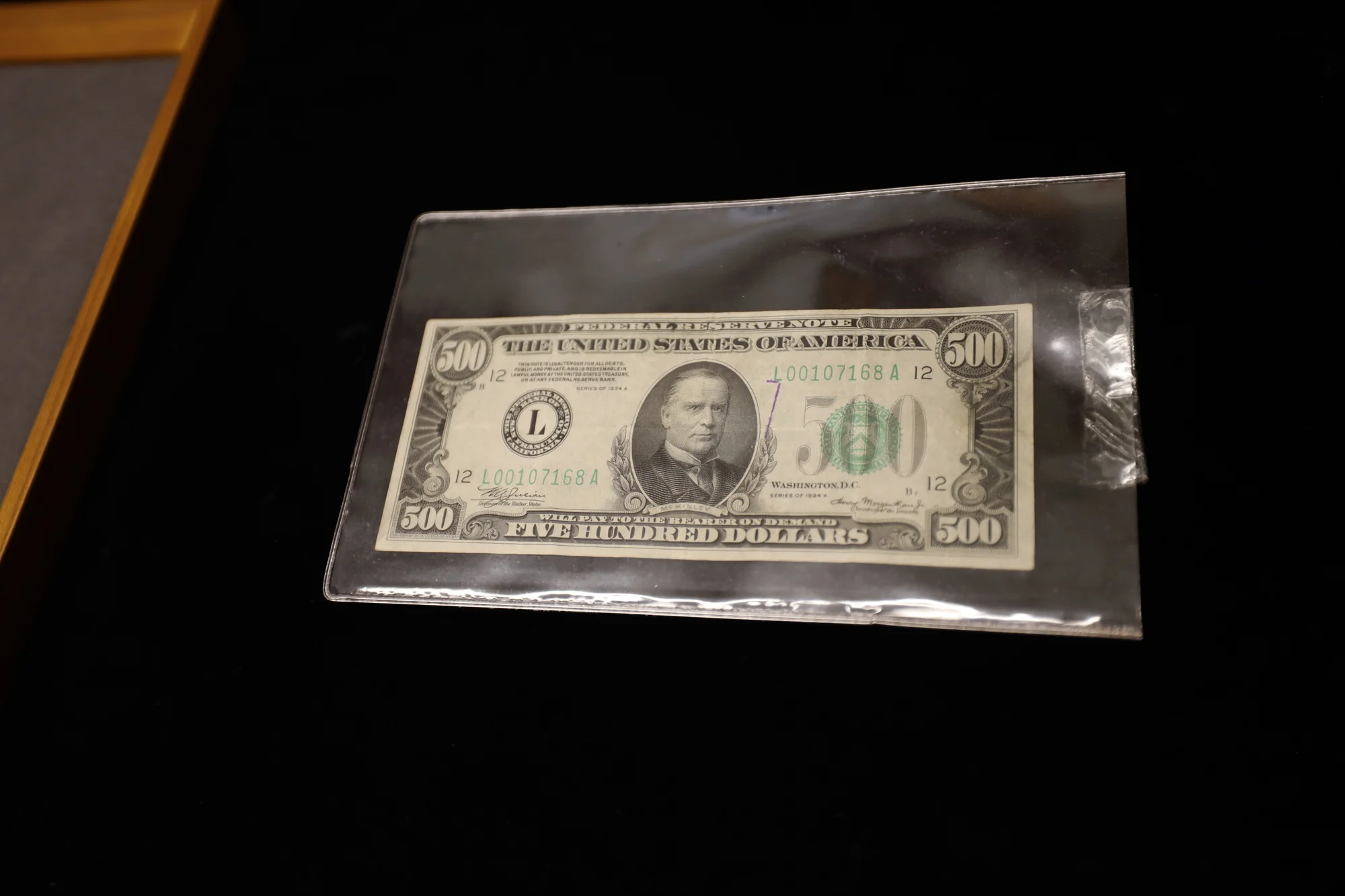 A $500 bill, featuring President McKinley, on display in honor of Unclaimed Property Day. Photo: Sarah Shoen, Rocky Mountain PBS