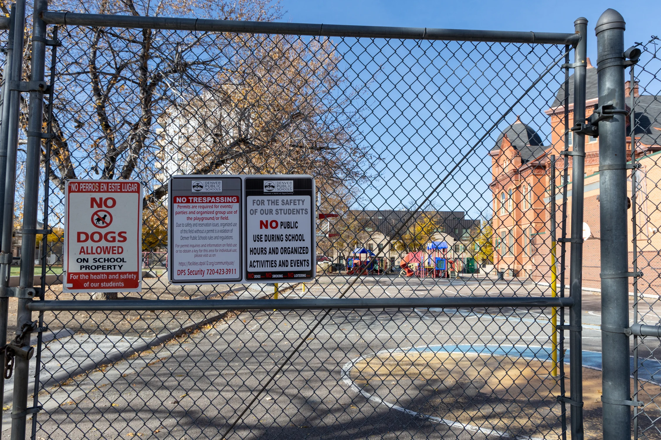 The gate at Dora Moore is now locked during non-school hours and weekends. Community members can request a key to access the facilities. Photo: Carly Rose, Rocky Mountain PBS