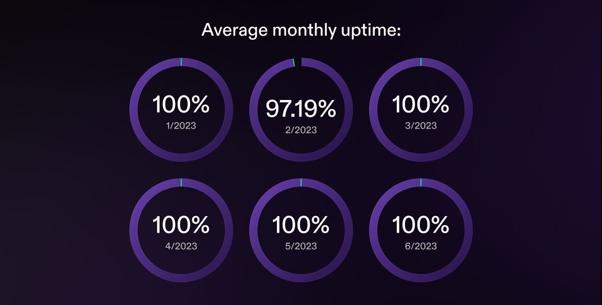 Solana's average monthly uptime: January 2023, 100%; February 2023, 97.19%; March 2023, 100%; April 2023, 100%; May 2023, 100%, June 2023, 100%.