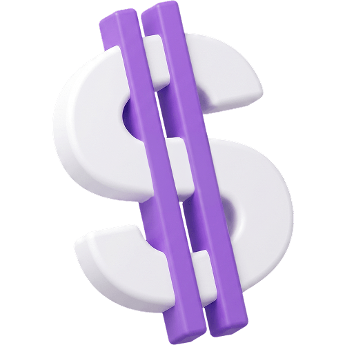 White dollar sign icon with a white S-shape and two purple vertical bars on a light grey background.