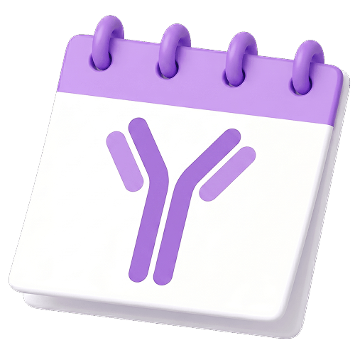 Purple spiral notepad with a Y-shaped antibody icon on the white page, tilted on a light grey background.