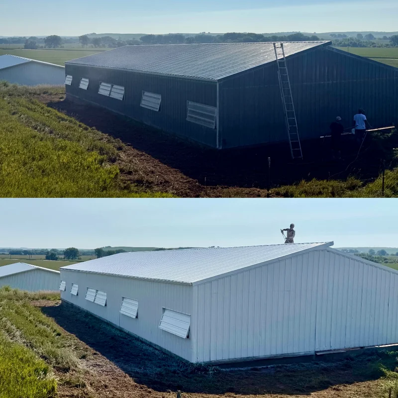 Metal agricultural building before and after restoration