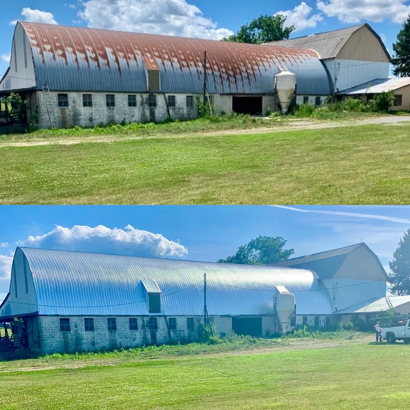 Agricultural building before and after protective coating restoration