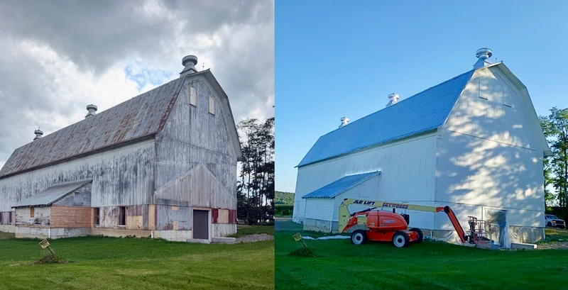 Farm building before and after protective coating