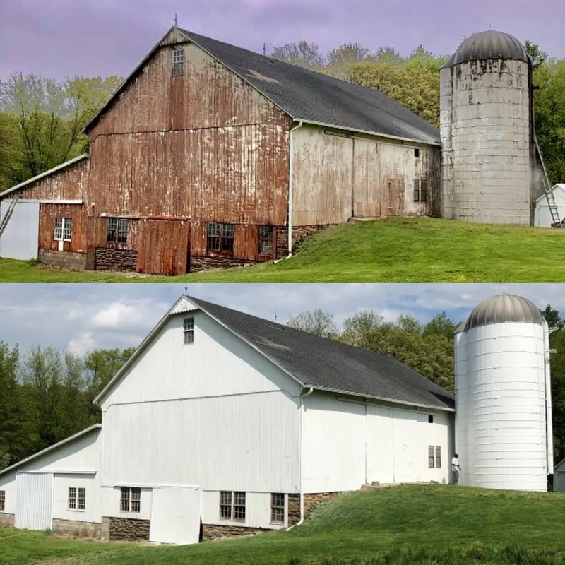 Barn and silo before and after restoration