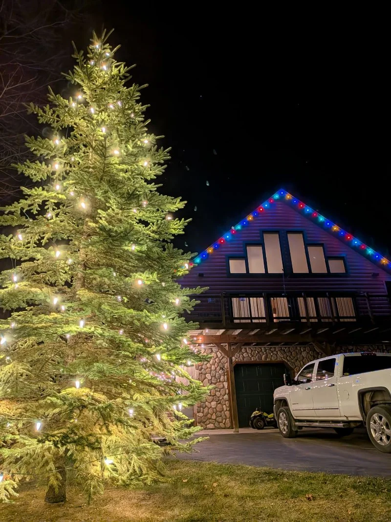 Large tree fully wrapped in red Christmas lights beside a stone home at night
