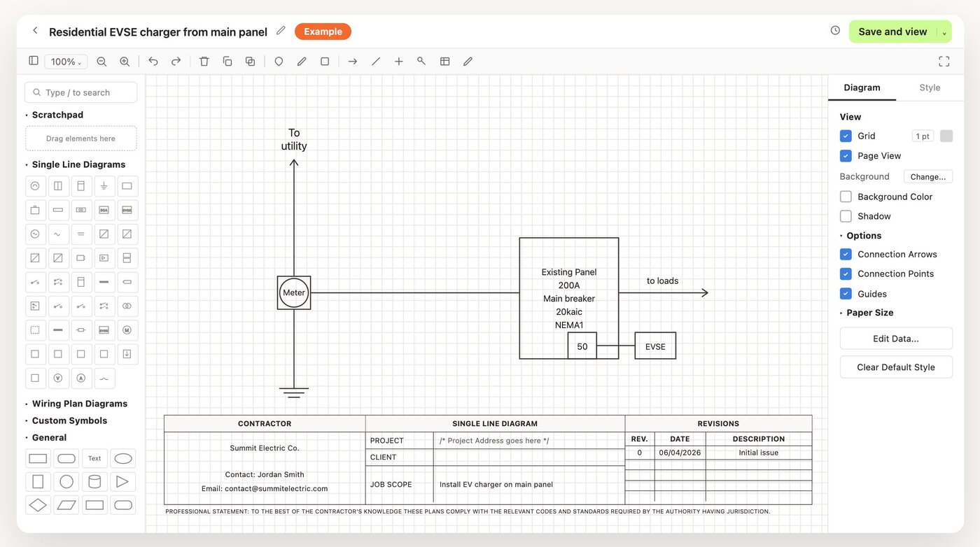 Kopperfield editor showing an EV charger single line diagram