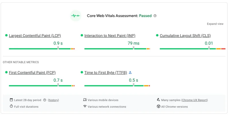 Core Web Vitals Assessment showing all metrics passed