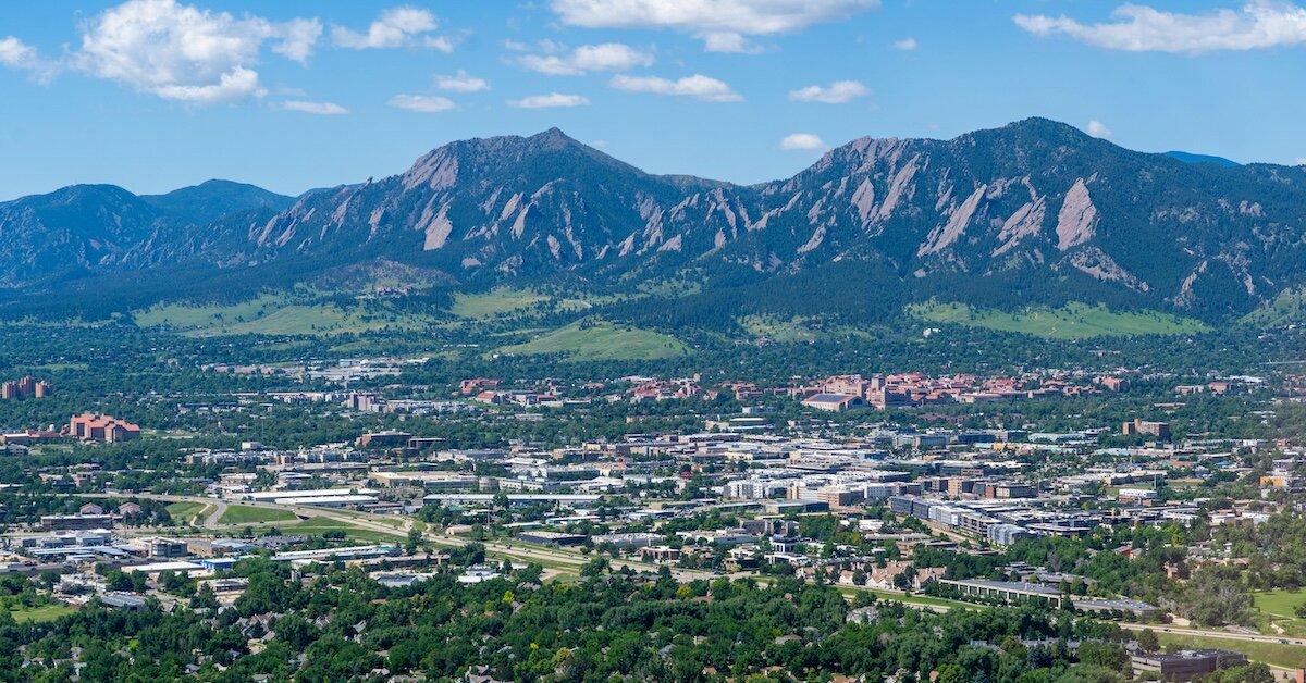 An aerial, wide-angle view of Boulder, Colorado