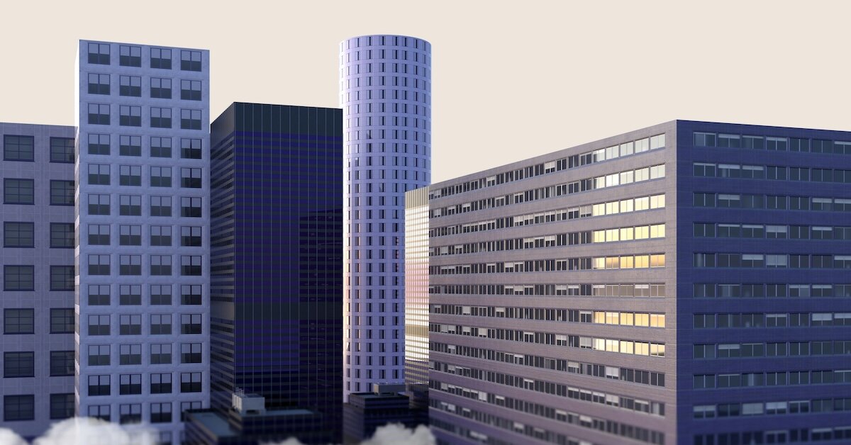 A collection of blue-hued commercial real estate buildings