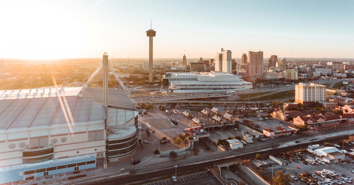 A drone view of the city center of San Antonio