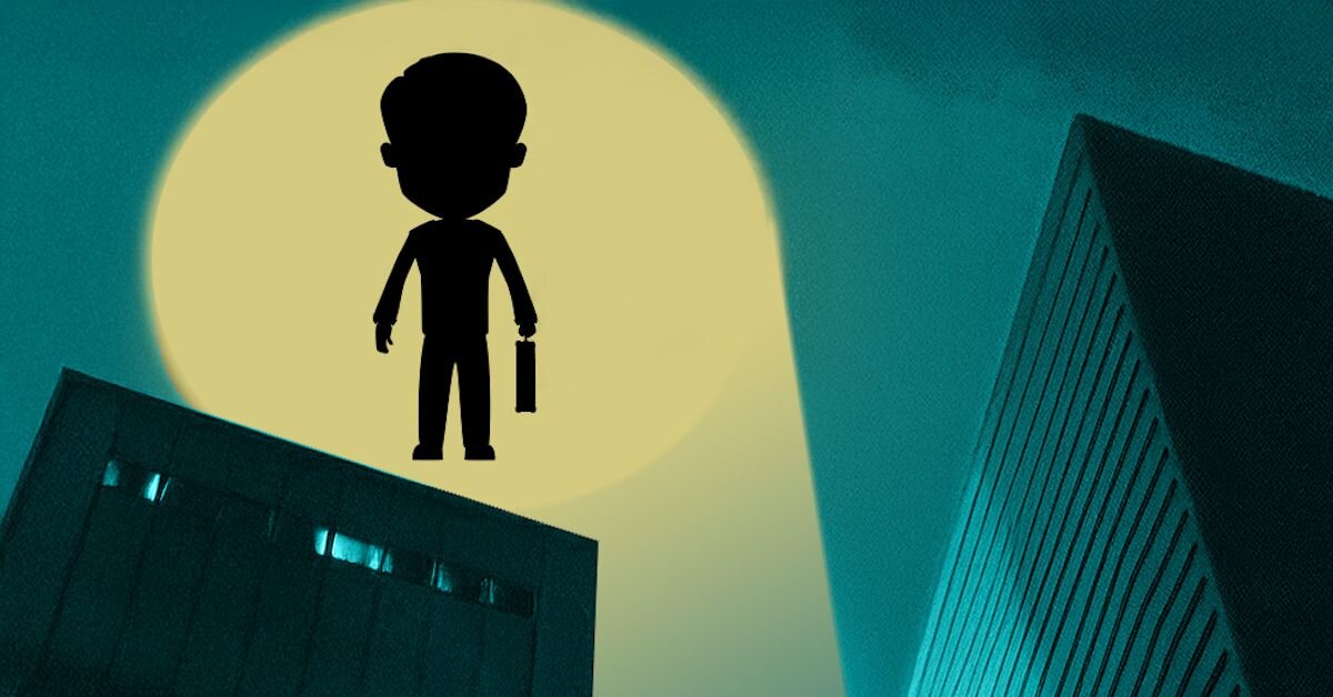 A silhouette cartoon of the internet personality StripMallGuy signaled into the sky