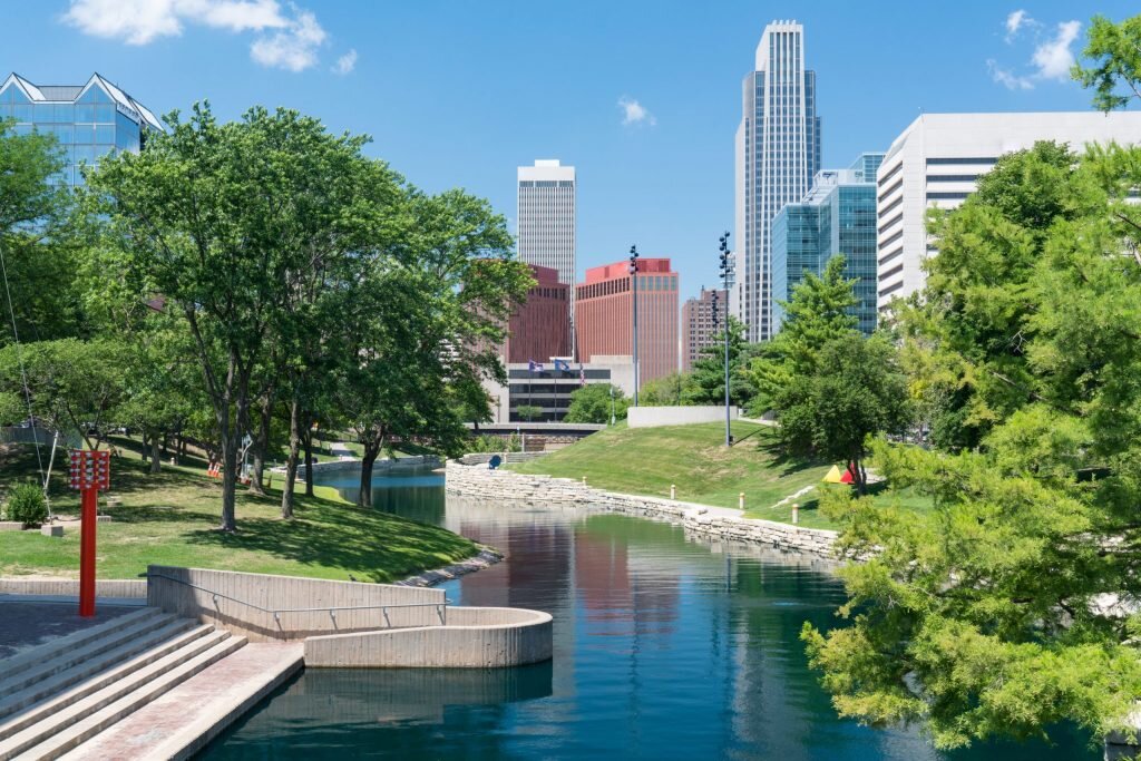 Omaha with creek flowing through city