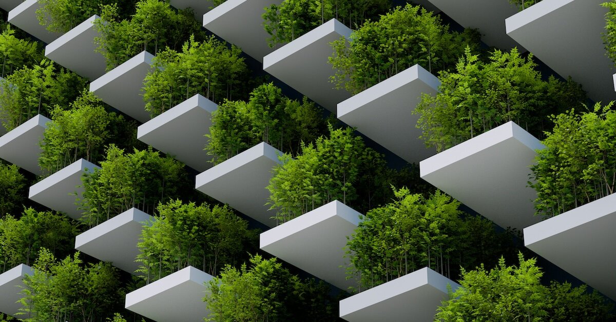 Green plants growing in between an energy efficient building