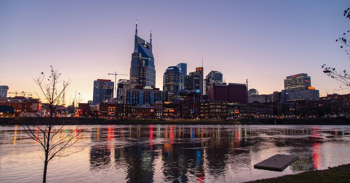 Nashville's bustling retail and Broadway district as seen from across the river