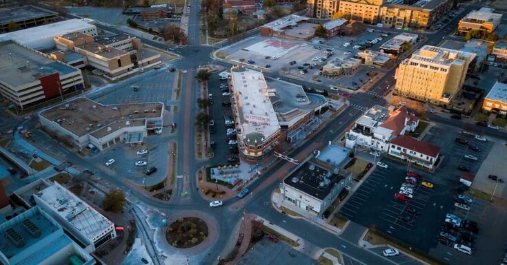 A bird's-eye view of a roundabout intersection in Oklahoma City