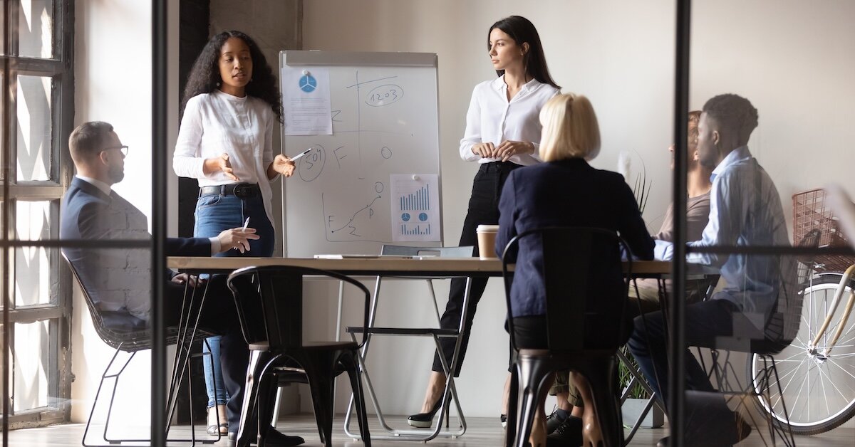 Women investors taking charge and leading a presentation in a board room