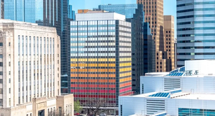 Rainbow-colored office buildings in Oklahoma City's downtown area