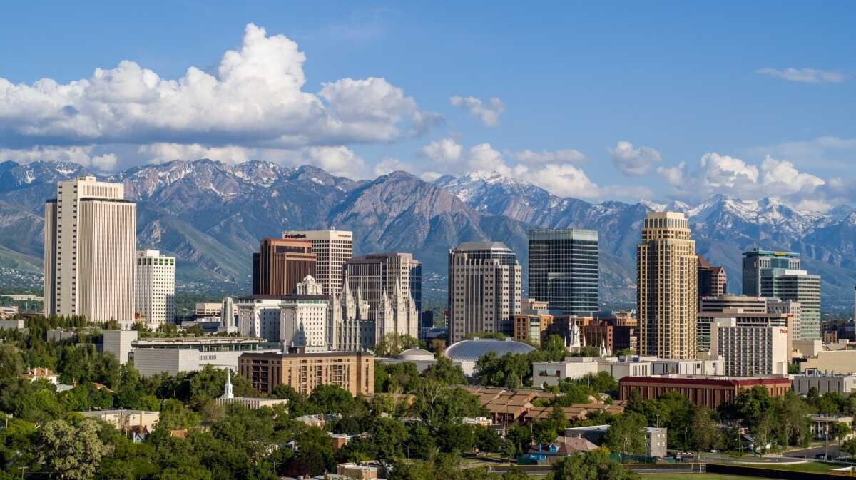 A faraway view of Salt Lake City with the valley's mountains in the background