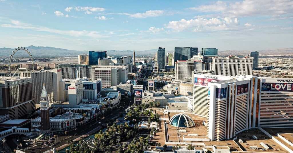 A daytime view of the Las Vegas Strip, focusing on the Mirage hotel