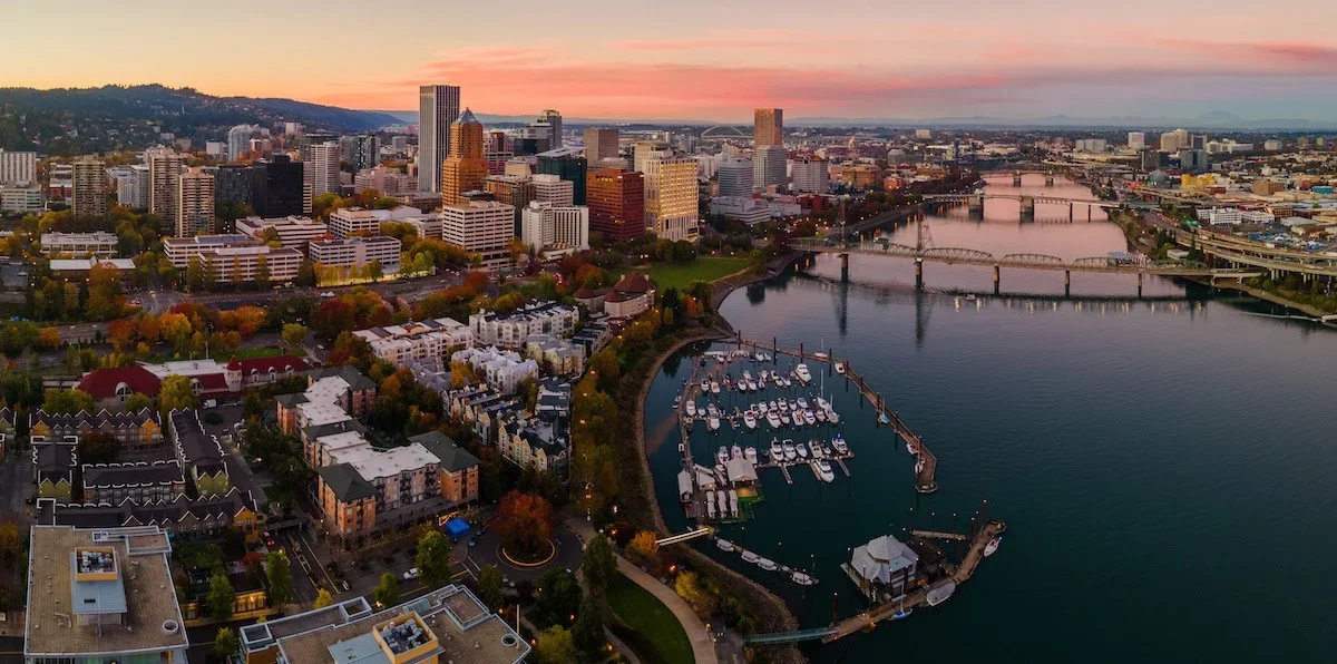 The Portland downtown area next to the Columbia River