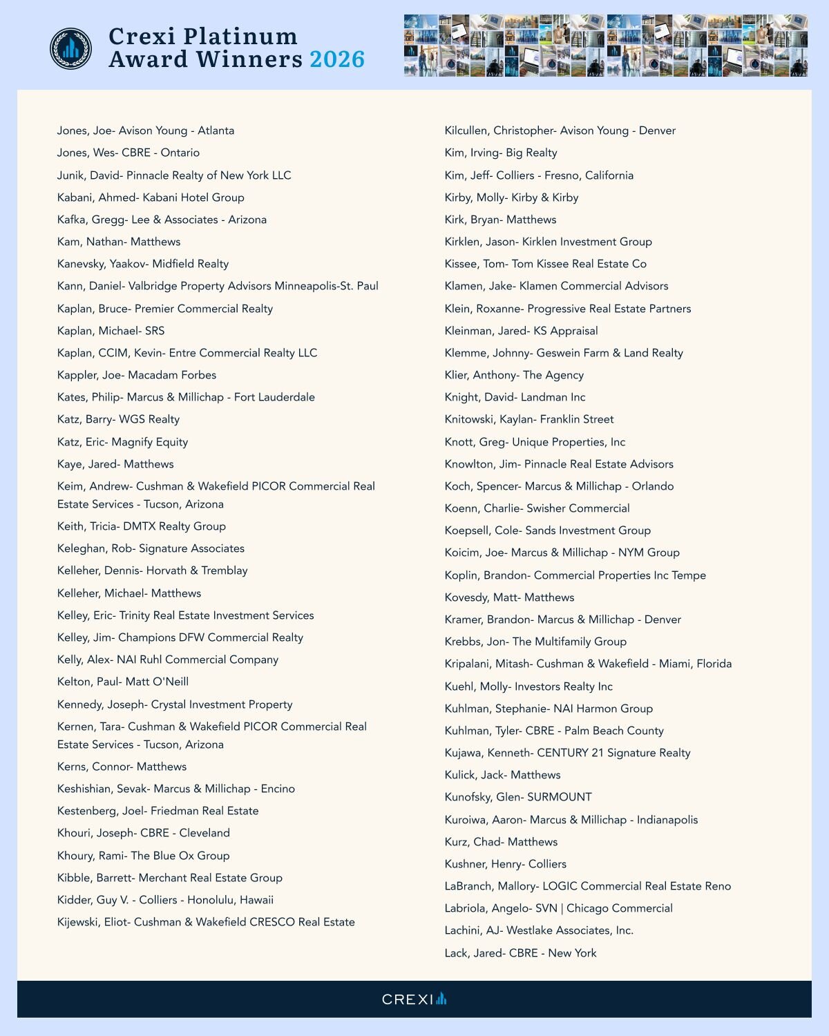 List of Crexi Platinum Award Winners for 2026