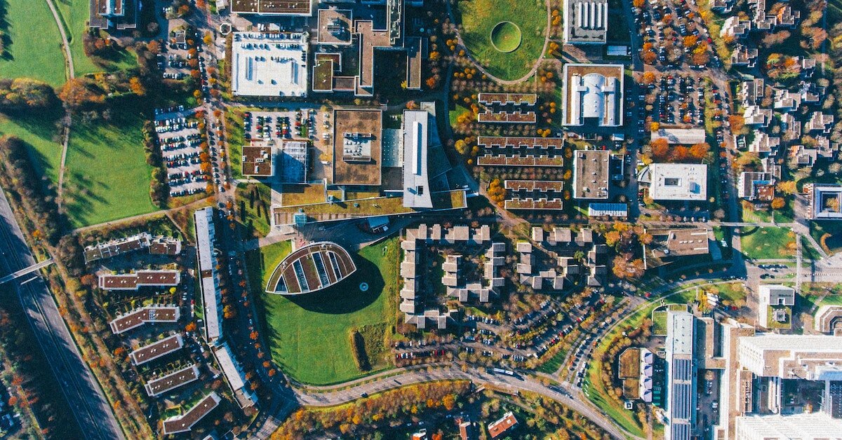 Overhead view of a commercial property community with several types of assets.