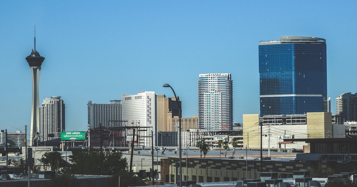The Las Vegas strip, convention center, and other skyline features