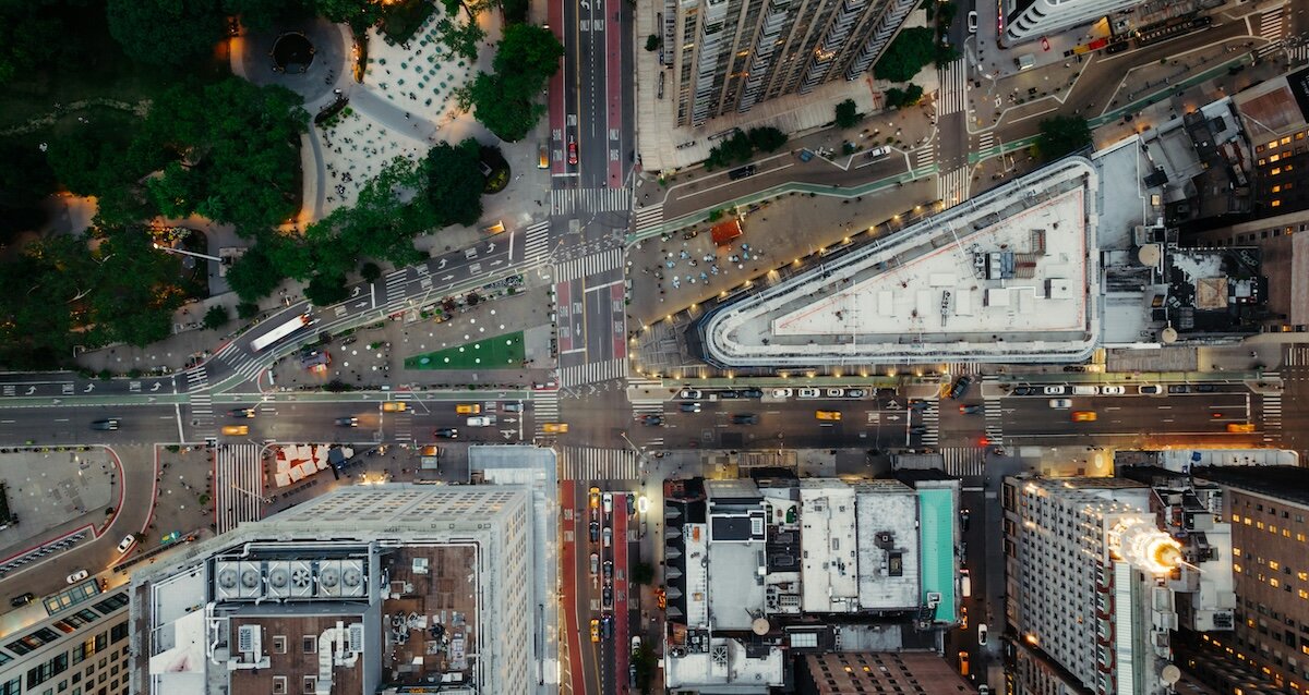 A drone overhead photo of the flatiron district in Manhattan, New York City