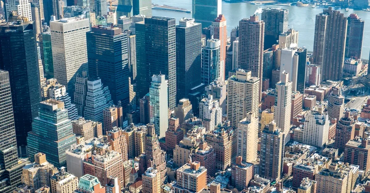 The city of New York City with its downtown skyscrapers