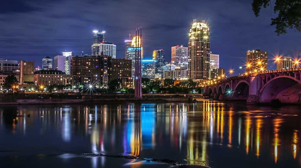 Downtown Minneapolis as seen from the river at night