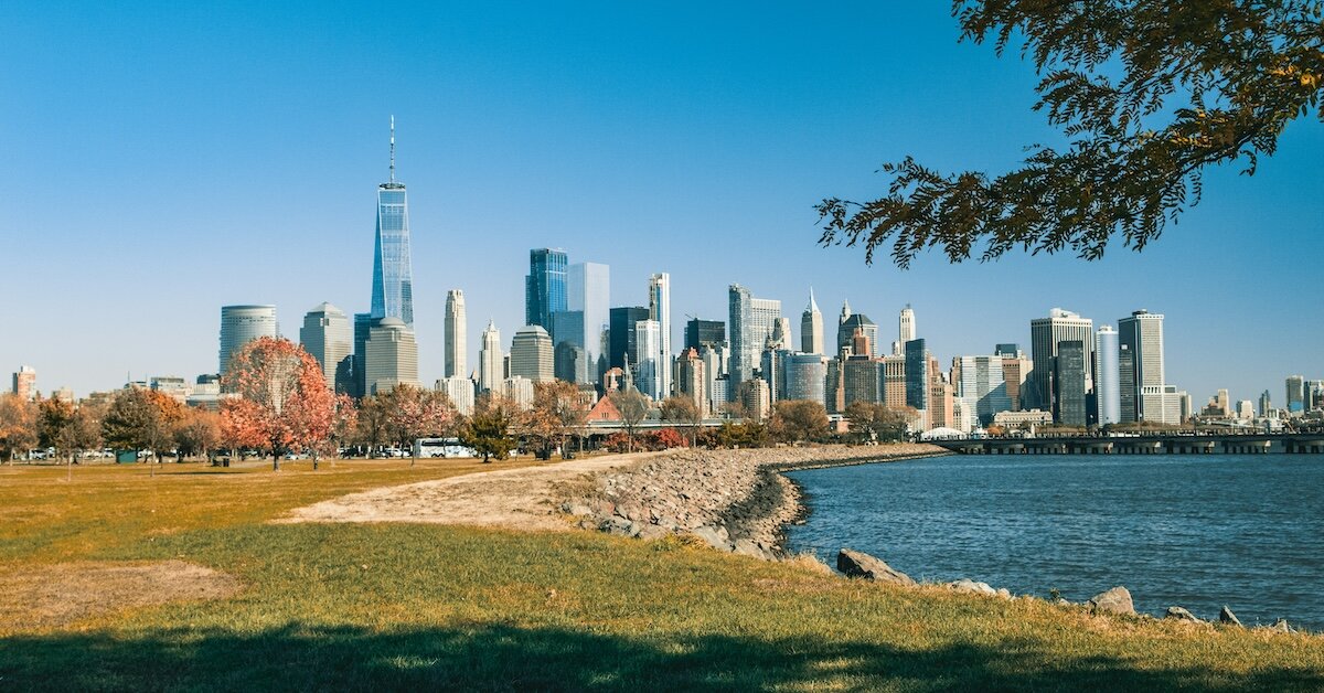 The Jersey City skyline, as seen from a nearby park.