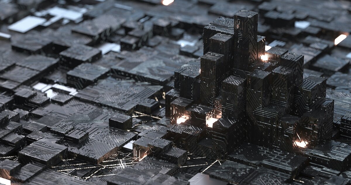 A collection of computer chips and processors are arranged in the shape of buildings