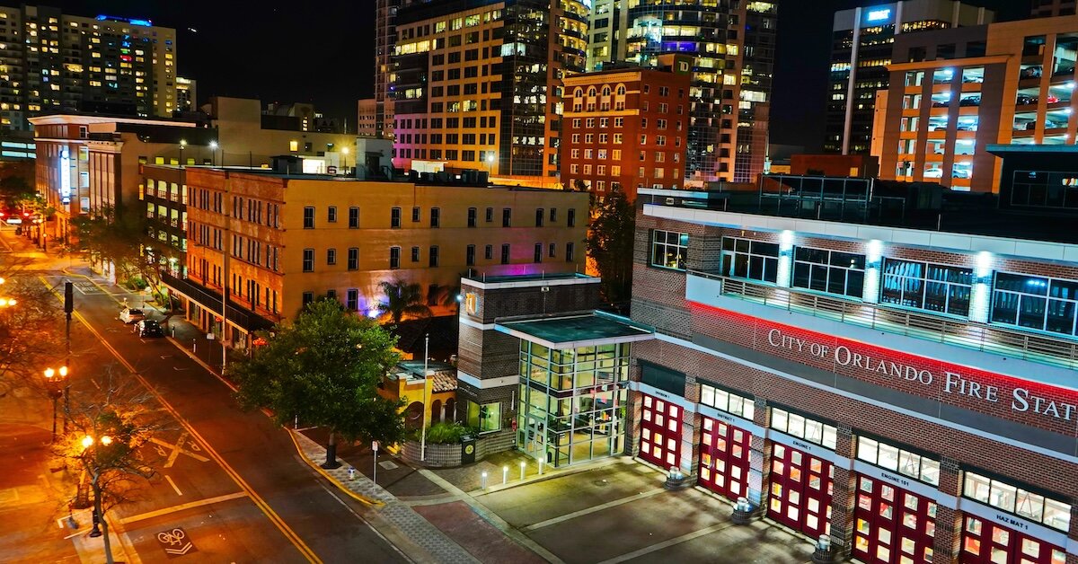 A City of Orlando fire station outside of industrial parts of the city of Orlando