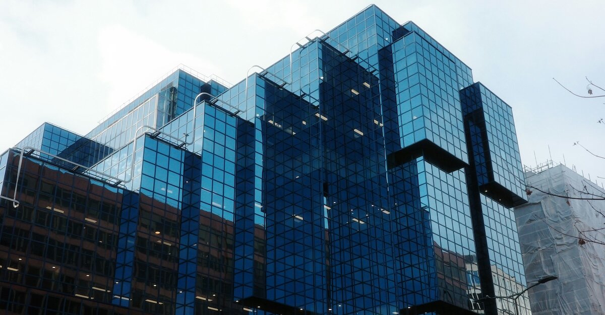 a blue glass office building