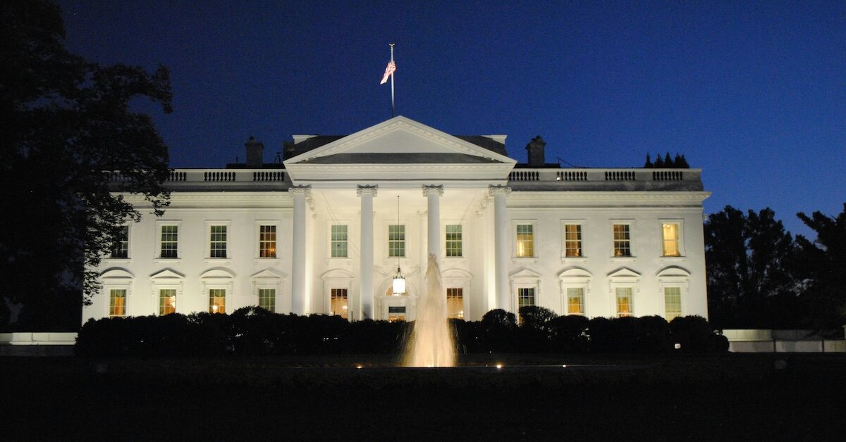 The White House at night, all lit up