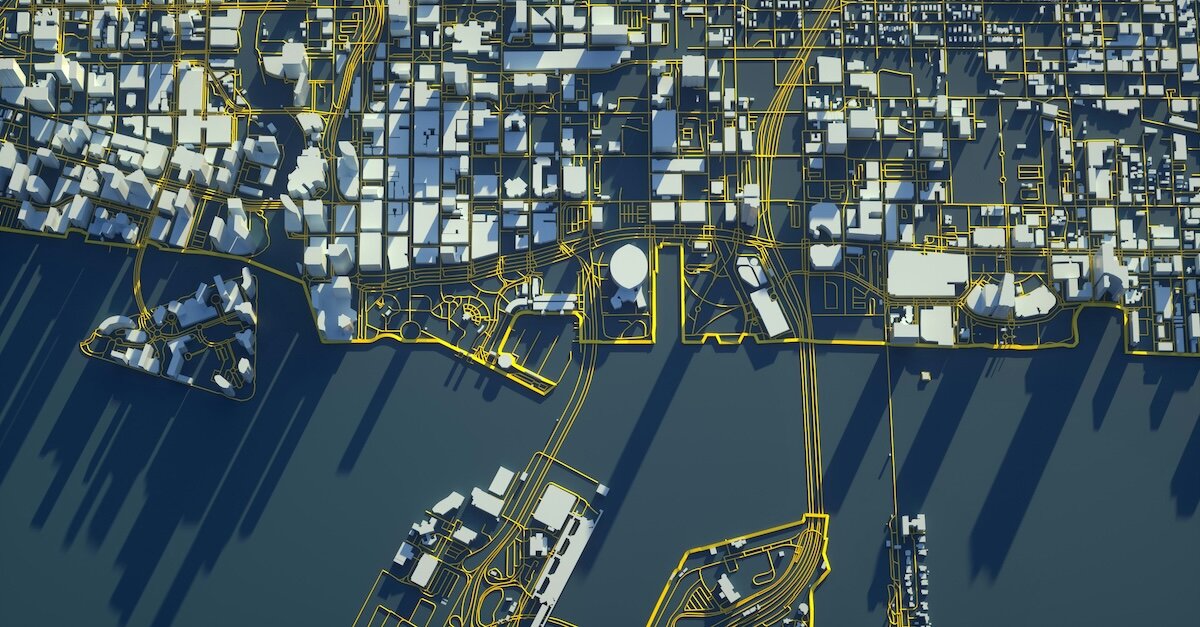 An overhead grid of properties and parcels in a city