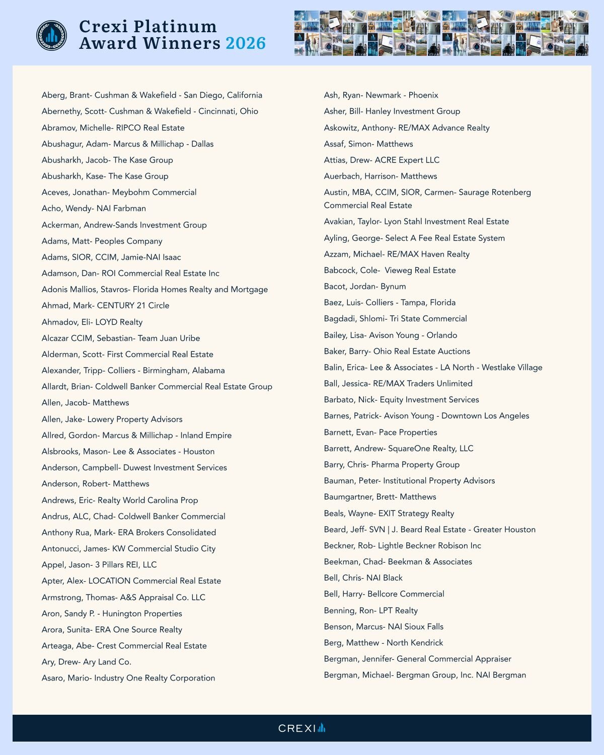 List of Crexi Platinum Award Winners for 2026