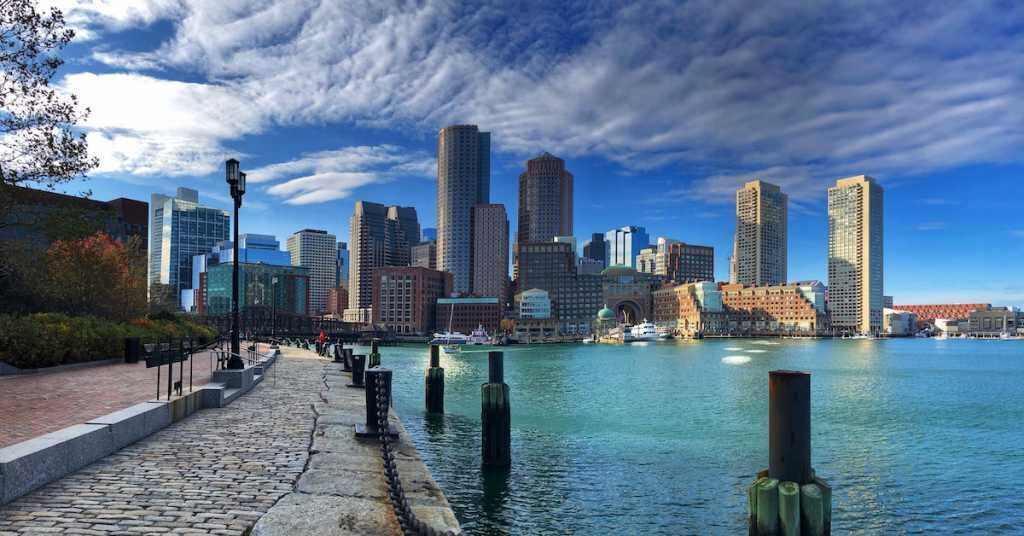 harborside view of Boston, Massachusetts with skyline in the background
