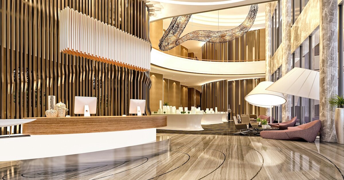 The inside of an upscale hotel lobby