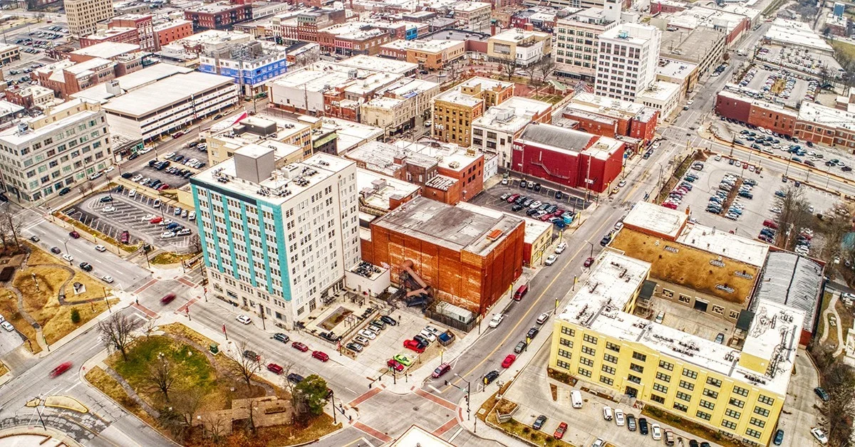 Overhead view of colorful buildings in Springfield