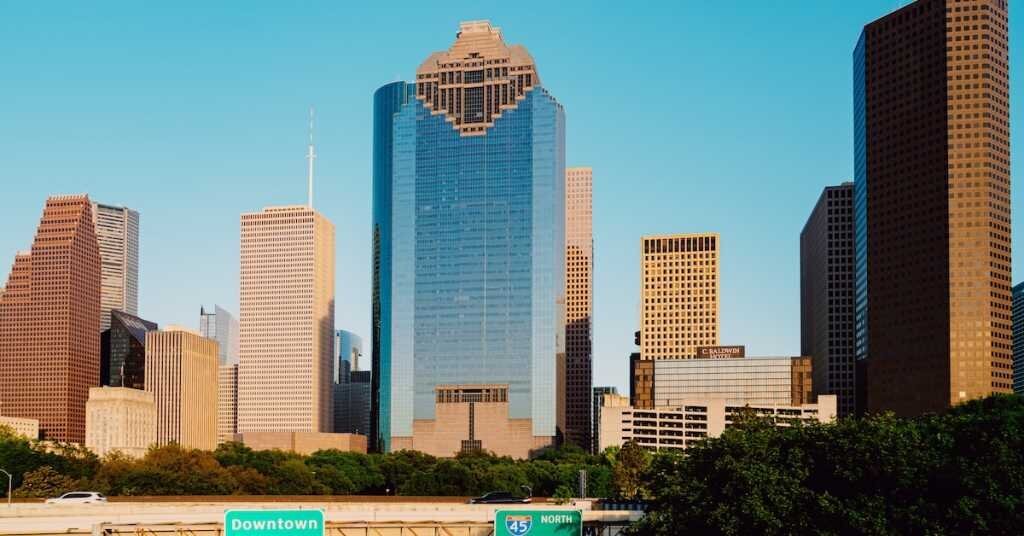 A tall set of buildings in Houston's downtown area.