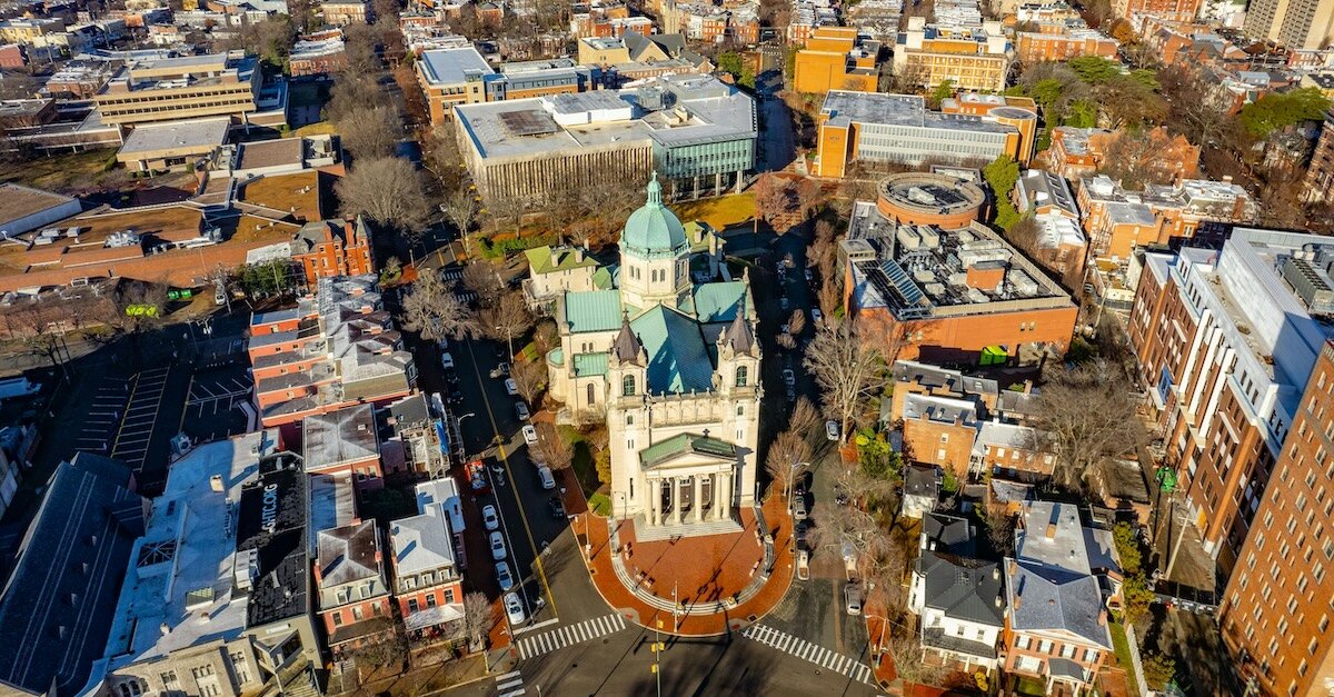 The city of Richmond with a prominent church in the middle, as seen from above
