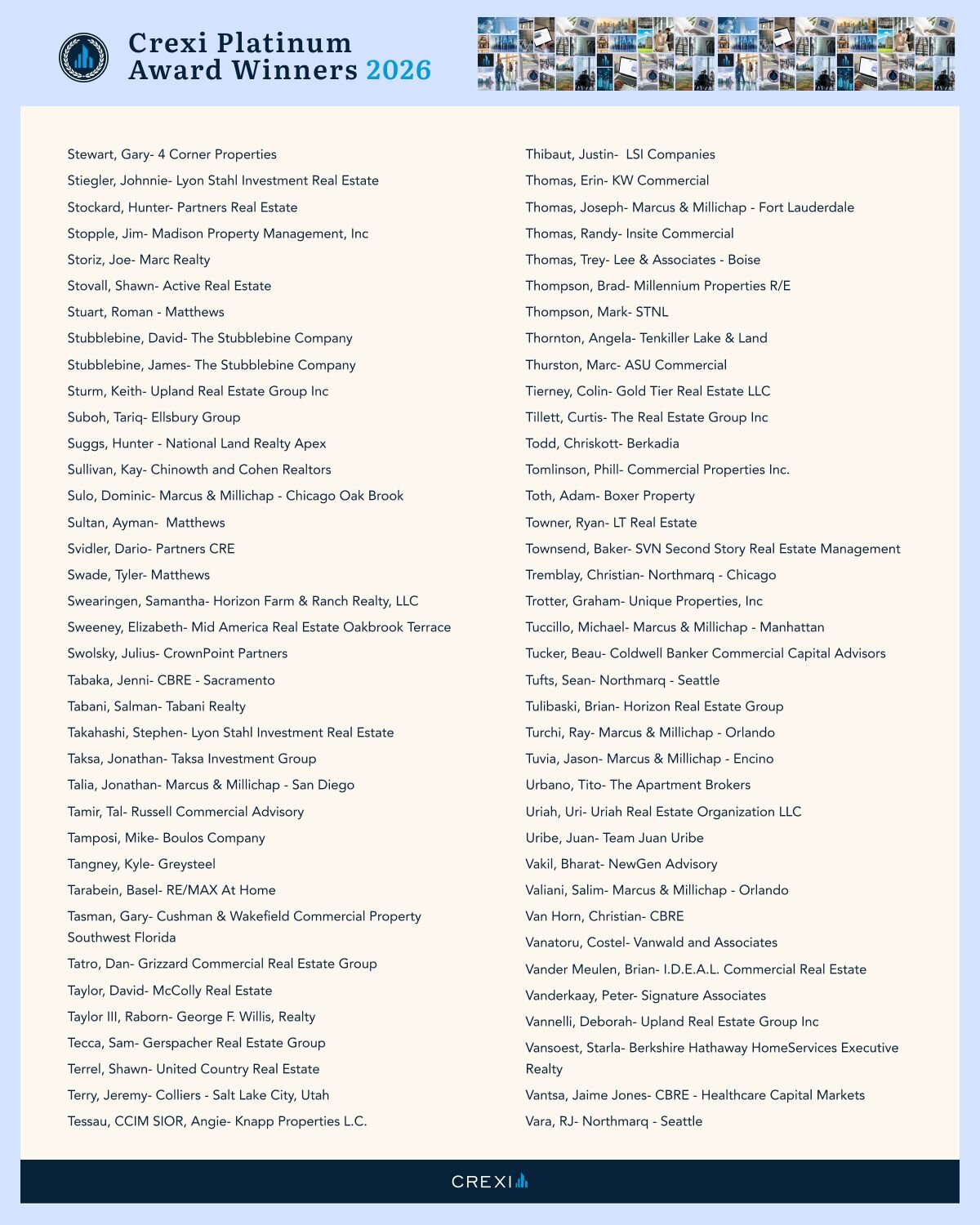 List of Crexi Platinum Award Winners for 2026