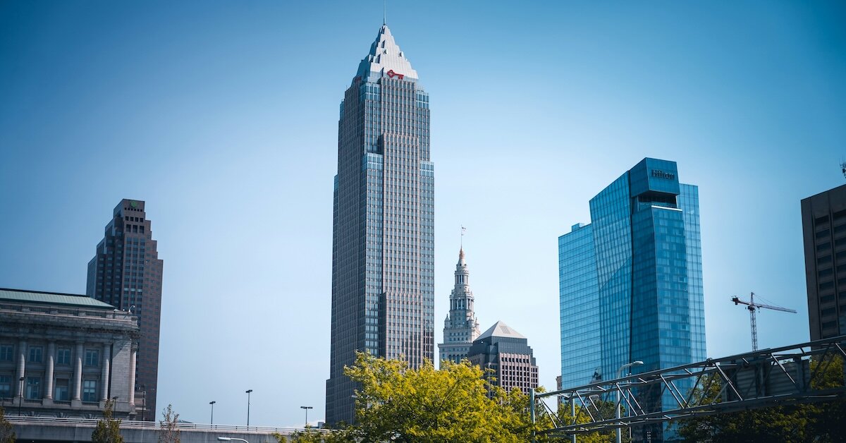 A view of large skyscrapers and multifamily apartments in Cleveland, Ohio