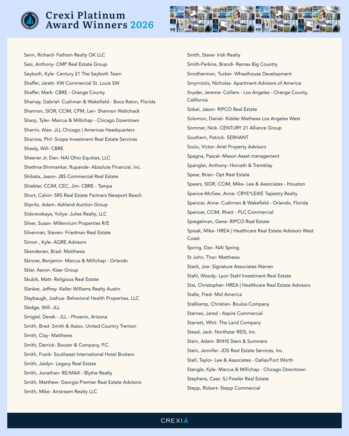 List of Crexi Platinum Award Winners for 2026