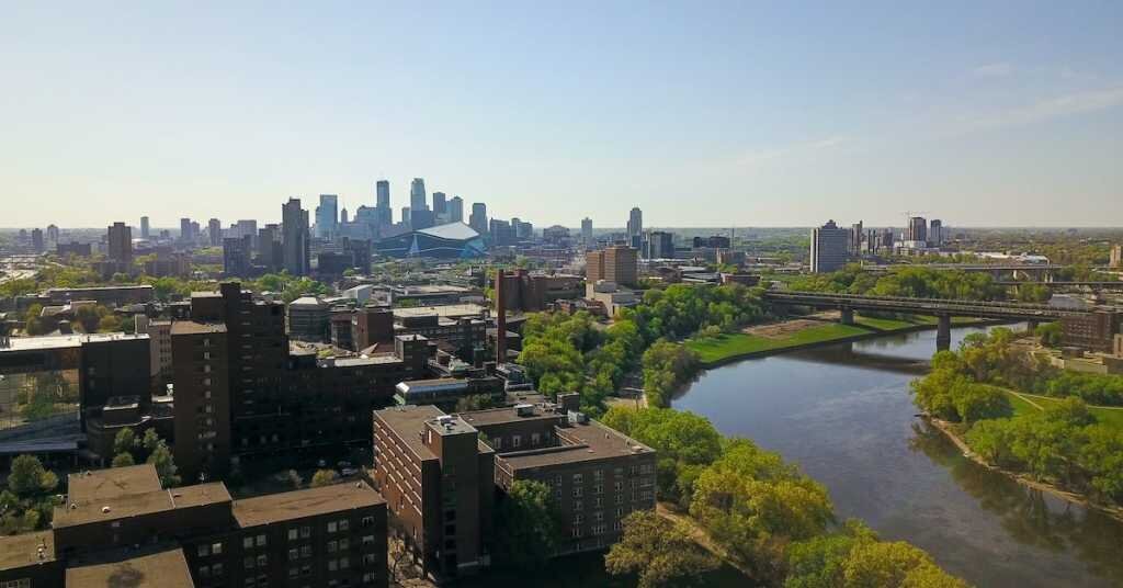 A view of greater Minneapolis from the side of the Mississippi river