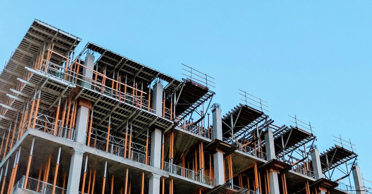 A building under construction with its infrastructure built