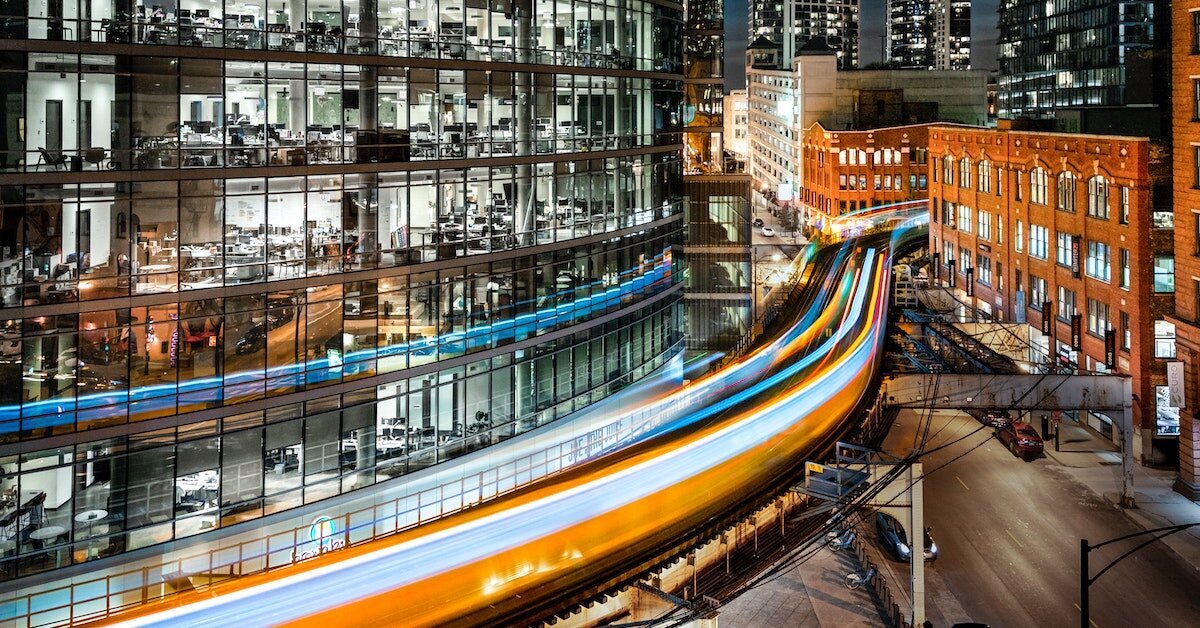 The Chicago Loop train moving through the city at night